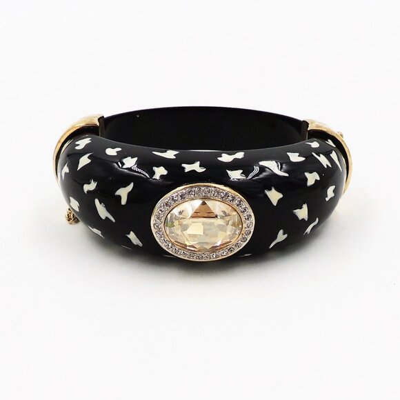 Vintage 1980s Italian Black Spotted Rhinestone Cuff Bracelet - Picture 6 of 11